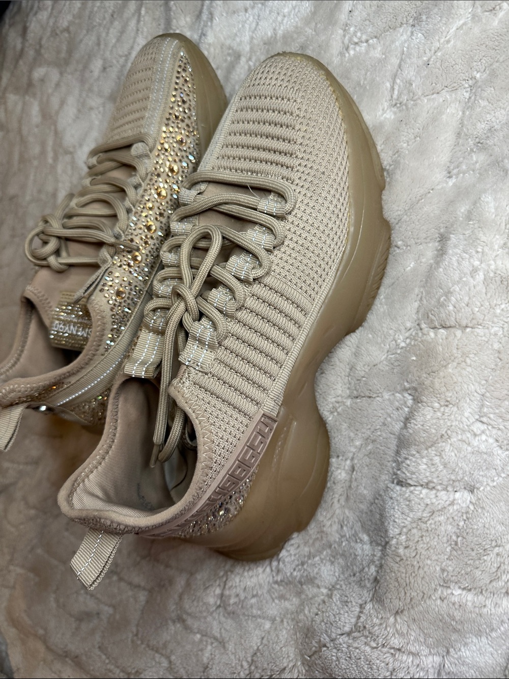Steve Madden Beige Knit Rhinestone Platform Sneakers